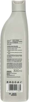 Jasnoszara butelka szamponu Neboa Men Hair X-Tream 300ml, tył opakowania z opisem działania i kodem kreskowym.