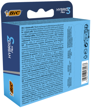 Widok tyłu i boku niebieskiego opakowania maszynek BIC Hybrid 3 Flex z wielojęzycznym opisem produktu.
