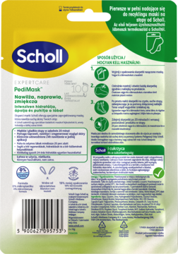Tył opakowania maski Scholl PediMask ExpertCare, żółto-zielone, z polskimi instrukcjami i ikonami stóp.