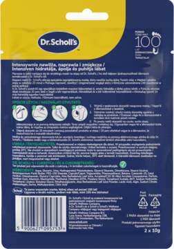 Tył niebiesko-żółtego opakowania masek do stóp Dr. Scholl's Pedi Mask Aloe Vera, opis intensywnie nawilżający.