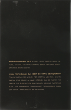 Tył czarnego kartonika perfum Yourself unisex Joanna Krupa, z białymi napisami składników i instrukcji użycia.