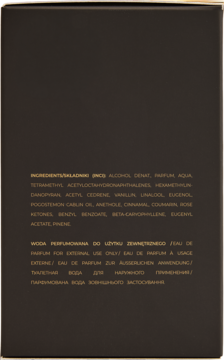 Tył ciemnego opakowania wody perfumowanej Yourself unisex Joanny Krupy z widoczną listą składników.