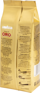 Tył złotej paczki kawy Lavazza Qualità Oro, tekst o 6 ziarnach Arabiki, int. 5/10, skala palenia.
