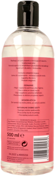 Tył przezroczystego żelu pod prysznic Pitaja 500ml z różową etykietą, tekstem PL i kodem kreskowym.