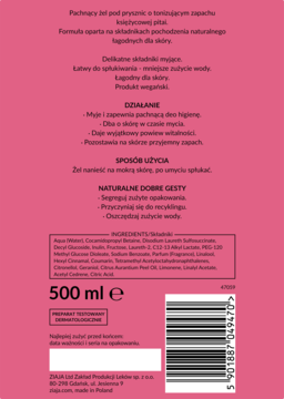 Tył różowego żelu pod prysznic z zapachem pitai, 500ml, widoczne składniki i kod kreskowy.