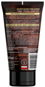 Balsam po goleniu BOND 150 ml, tył brązowej tubki z teksturą drewna, widoczny opis, składniki i kod kreskowy.