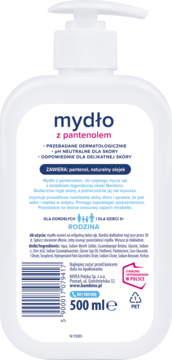 Tył białej butelki mydła w płynie Bambino Rodzina 500ml z pompką. Etykieta z info o pantenolu i pH.
