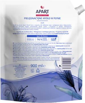 Tylna strona białej saszetki mydła w płynie Apart Lilia 900ml, z nadrukiem składników i niebieskimi kwiatami.