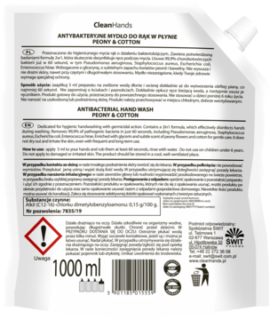 Tył opakowania antybakteryjnego mydła w płynie CleanHands Peony & Cotton 1000ml z instrukcjami i składem.
