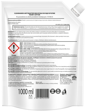 Tył białej saszetki Clovin Antybakteryjne Mydło do rąk 1000ml, widoczne etykiety i ostrzeżenia.