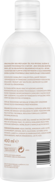 Tył białej butelki ekologicznego żelu pod prysznic z 98% składników naturalnych, widoczne etykiety i kod.