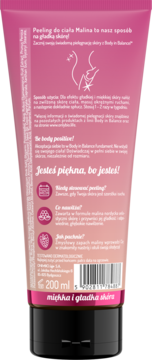 Tył różowej tubki peelingu OnlyBio Malina 200 ml, z polskim tekstem obiecującym gładką skórę.