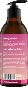 Tył brązowej butelki żelu pod prysznic Body in Balance 400ml, z różową etykietą z hasłem 'Be body positive!'.