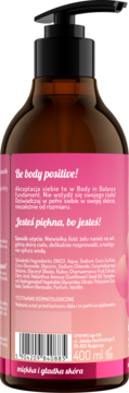 Tył brązowej butelki żelu pod prysznic Body in Balance 400ml z różową etykietą i napisem 'Be body positive!'