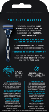 Wilkinson Sword Hydro 5 Skin Protection Sensitive razor, silver handle, blue grip, 5 carbon coated blades, frontal.