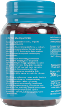 Tył butelki Hello!Gummies, suplementu diety z kolagenem, z widoczną etykietą i masą netto 300g.