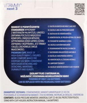 Tył opakowania ciśnieniomierza Vitammy Next 3. Białe pudełko z fioletowymi detalami, opis specyfikacji i zawartości.