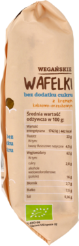 Wegańskie wafelki kakaowo-orzechowe w beżowej torebce, bez cukru, widok przód z etykietą wartości odżywczych.