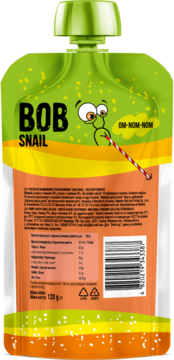 Tył opakowania Bob Snail Smoothie Banan Truskawka w zielono-pomarańczowej saszetce z etykietą i kodem kreskowym.