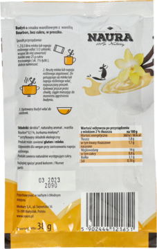 Tył opakowania waniliowego budyniu Naura BIO bez cukru, z wanilią Bourbon, instrukcje i skład.