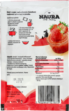 Tył opakowania kisielu Naura o smaku truskawkowym z kawałkami truskawek, widoczne instrukcje i wartości odżywcze.