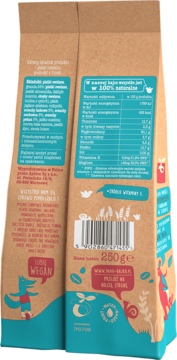 Tył brązowego opakowania musli potrójnie orzechowego. Widoczne dane żywieniowe, kod kreskowy i logo LUBIĘ WEGAN.