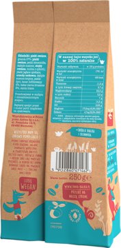 Tylna strona brązowej saszetki musli Inna Bajka z bananem i kakao, bez cukru, widoczna tabela odżywcza.