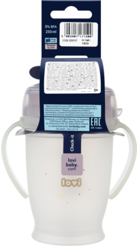 Tył białego kubka Lovi 360° z uchwytami, fioletową nakrętką i etykietą 0% BPA, kod kreskowy i info.