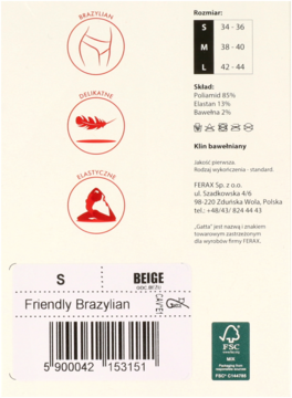 Tył opakowania beżowych majtek Friendly Brazylian (rozm. S), z opisem składu, barcode i cech: delikatne, elastyczne.