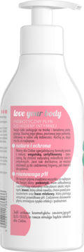Tył białej butelki Love Your Body prebiotycznego płynu do higieny intymnej z różową etykietą, widoczny tekst.