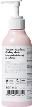 Tył różowej butelki naturalnego żelu do higieny intymnej z aloesem i lukrecją, z etykietą i certyfikacją.