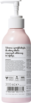 Tył różowej butelki 300ml żelu do higieny intymnej z pompką, widoczny opis składników i certyfikaty.