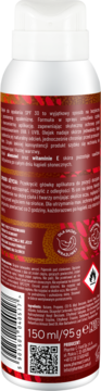 Tył czerwono-złotego sprayu Venus Golden Sun, suchy olejek SPF 30, biały dozownik, czytelny tekst PL, kod QR.