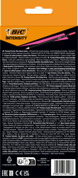 Tył opakowania kredek BIC INTENSITY premium: żywe kolory, miękki grafit do płynnego cieniowania.