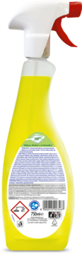 Tył żółtej butelki Meglio 750ml, uniwersalny środek czyszczący, z białą nakrętką i etykietą o recyklingu.