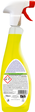 Tył żółtej butelki Meglio 750ml, uniwersalnego środka czyszczącego z białym sprayem i czerwonym spustem.
