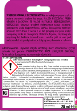 Tył fioletowego opakowania Glade Electric scented oil Relaxing Zen z instrukcjami i ostrzeżeniem.
