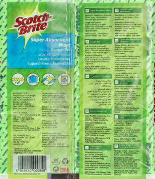 Tył opakowania Scotch-Brite Super Absorbent Wipe, zielono-białe, z opisami i ikonami zastosowania.