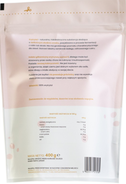 Tył białego opakowania erytrolu 400g, naturalnego słodzika. Widoczne szczegółowe informacje o składzie.