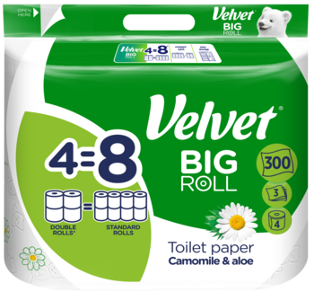 Zielone opakowanie papieru toaletowego Velvet ecoROLL, 4 big rolki (odpowiednik 8), rumianek i aloes, widok przód.