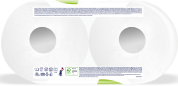 Tył opakowania papieru toaletowego Velvet ecoROLL, biało-zielony, z tekstem o podwójnych rolkach i logo FSC.