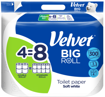 Niebieskie opakowanie papieru toaletowego Velvet ecoROLL, 4 rolki BIG ROLL odpowiadające 8 standardowym, widok z przodu.