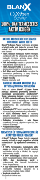 Reklama BlanX O3Xygen Power, niebiesko-biały plakat z opisem pasty wybielającej z aktywnym tlenem i perlitem.