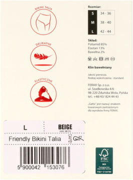 Opakowanie beżowych majtek Friendly Bikini Talia, rozmiar L, z bawełnianym klinem, widok z góry.