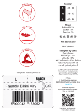 Etykieta czarnych majtek Friendly Bikini Airy L, ukazująca nazwę, rozmiar, cechy i skład materiałowy produktu.