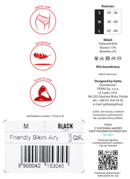 Etykieta czarnych majtek damskich Gatta Friendly Bikini Airy, rozmiar M, z kodem kreskowym i logo producenta.