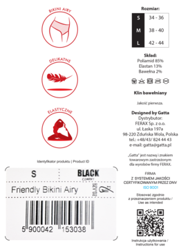 Majtki Friendly Bikini Airy, czarne, rozmiar S. Etykieta z kodem EAN, składem, rozmiarem i ikonami cech produktu.
