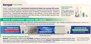 Panel informacyjny pasty Biorepair Pełna Ochrona 75ml z opisem microRepair, grafikami zębów i akcesoriów.