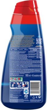 Tył butelki Finish All in 1 Max Power Gel Lemon do zmywarek. Granatowa z czerwoną nakrętką, widoczny kod kreskowy i instrukcje.
