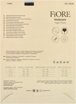 Tył beżowego opakowania rajstop bikini FiORE High Point 20 DEN korygujących brzuch.